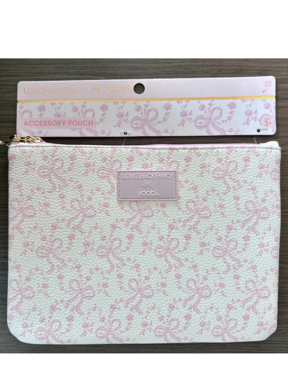 New - LoveShackFancy Pink Coquette Gold Bow Zipper Pouch/Wristlet w Strap